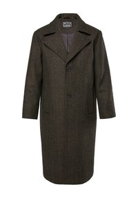 Brauner Wollmischmantel mit Fischgrätmuster, Reverskragen, zwei vorderen Taschen und einreihigem Knopfverschluss.