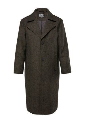 Brun uld-blandet frakke med et herringbone-mønster, notch-krave, to forlommer og enkeltknappet lukning.