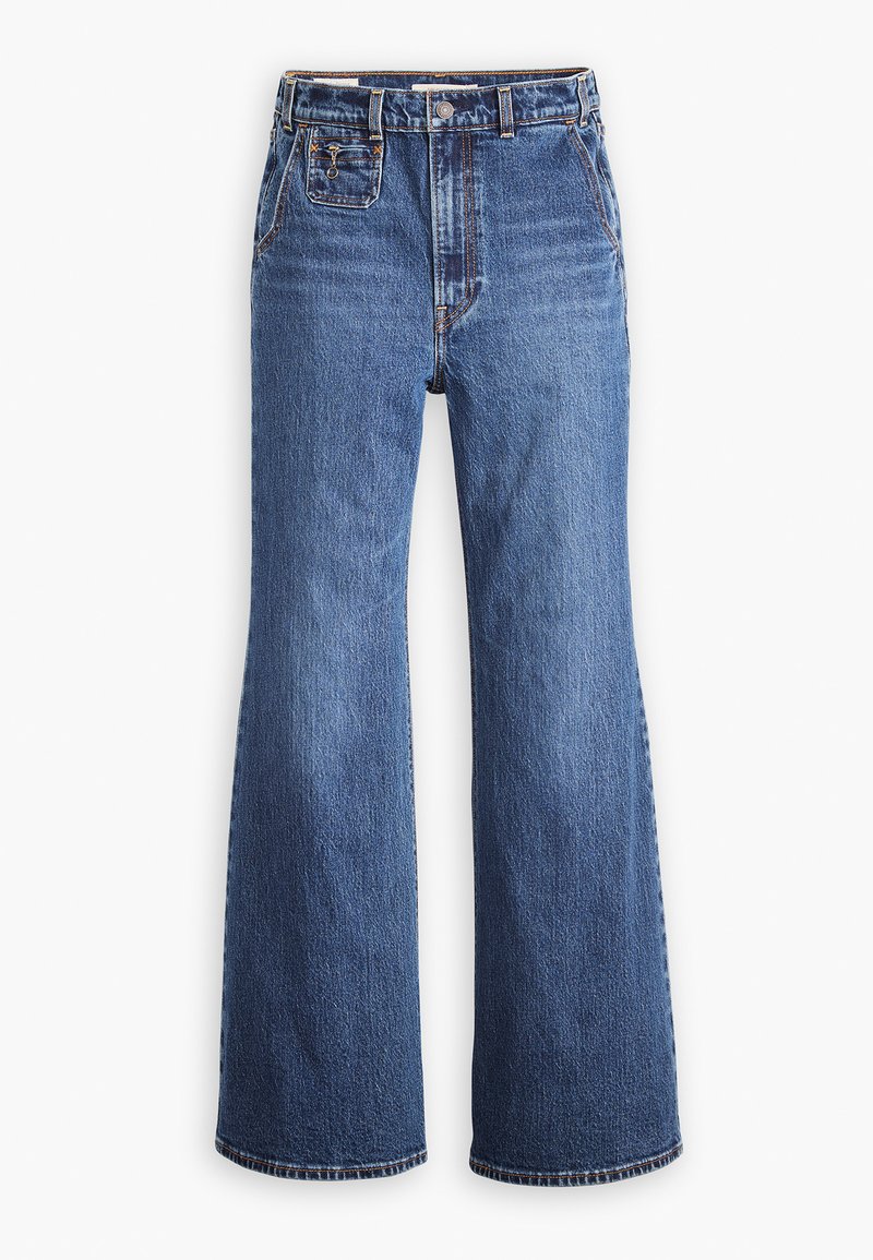 Hoge taille blauwe denim jeans met een wijde pijp, voorzien van een voorkraag, koperen knoopsluiting en contrasterende stiksels.