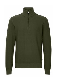 Dunkelgrüner Pullover mit halbem Reißverschluss am Kragen, Waffelstruktur, gerippten Bündchen und Saum sowie verstärkten Nähten.