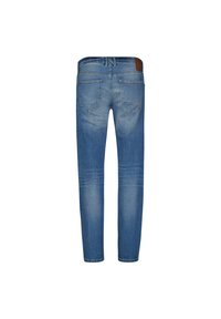 Slim-fit blauwe denim jeans met een lichte wassing, met een bruine leren patch op de tailleband en twee achterzakken.