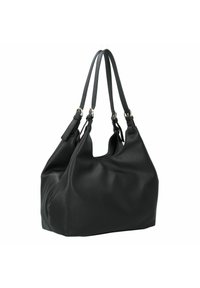 Borsa a tracolla in pelle nera con finitura testurizzata, dotata di due manici e apertura centrale. Accenti di hardware dorato discreti.