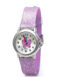 Montre avec bracelet en silicone violet pailleté, cadran rond argenté, motif de papillon rose pailleté et chiffres arabes noirs pour les indicateurs d'heure.