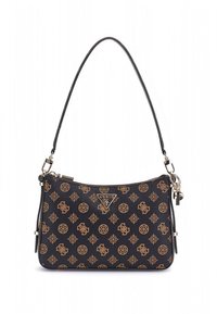 Geantă sintetică neagră decorată cu un model maro cu logo, având o închidere cu fermoar și un curea de umăr detașabilă cu accente metalice.