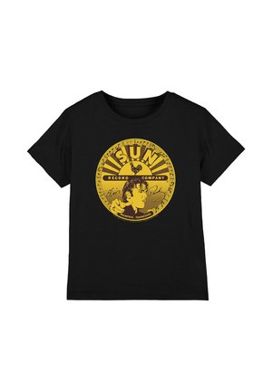 Black t-shirt with a yellow circular Sun Records logo featuring a rooster, musical notes, and a male singer’s face in profile.
