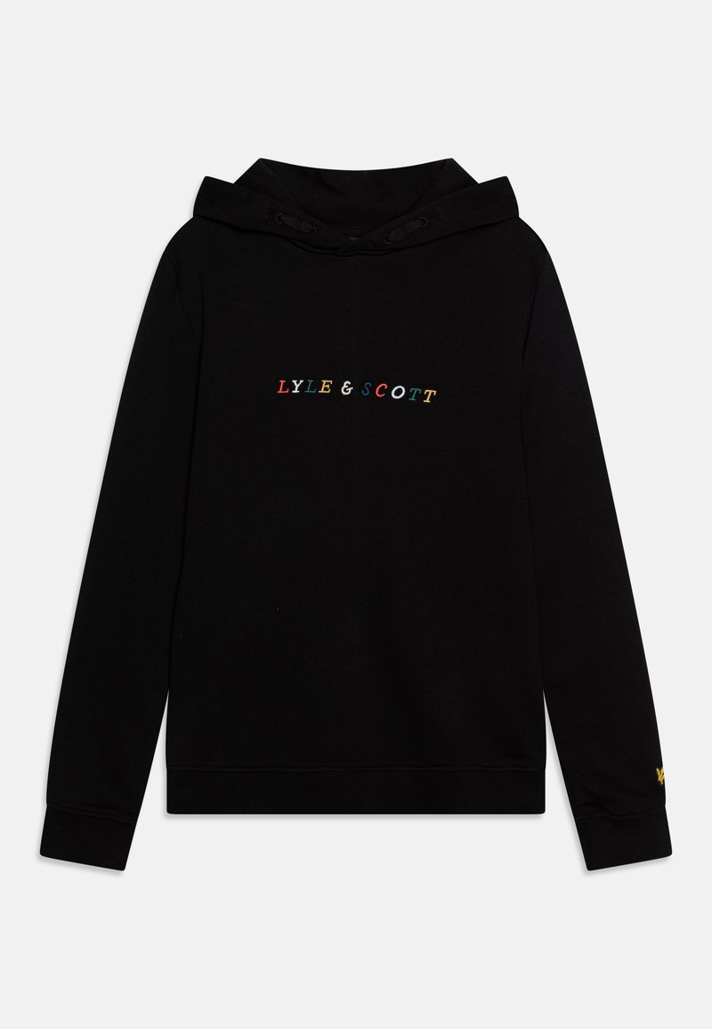 Felpa con cappuccio nera con logo ricamato "LYLE & SCOTT" multicolore sul petto. Presenta polsini e orlo a costine. Tessuto morbido.