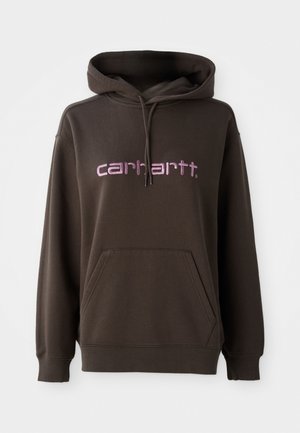 Brūna kapucēta sporta jaka ar priekšējo kangarū poku, ar rozā burtiem zīmola "carhartt". Izgatavota no mīksta auduma, ar teksturētu apdari.