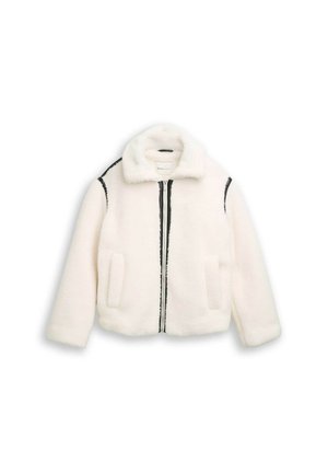 Weißer Kunstfell-Jacke mit schwarzem Reißverschluss und Futter. Verfügt über einen Kragen und zwei Vordertaschen. Weiche Textur, kastige Form.