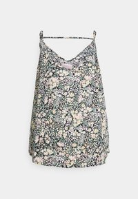 Camisola floral, tecido preto com pequenas flores coloridas, decote em V, alças finas ajustáveis, corte solto, textura leve.