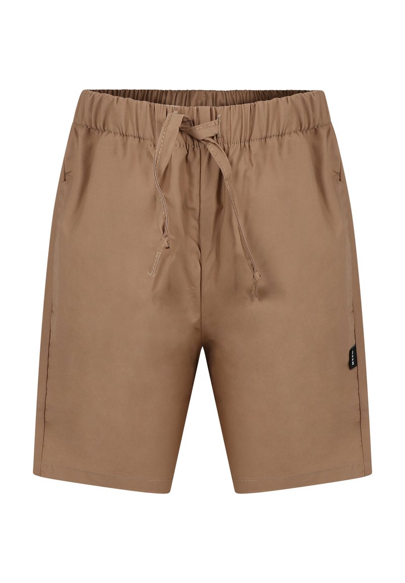 Pantaloni corti marrone chiaro realizzati in tessuto liscio, con cintura elastica e cordoncino, tasche laterali e una piccola etichetta del marchio sul lato.