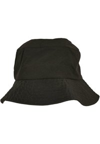 Cappello bucket in cotone nero con una wide, flat brim, una parte superiore rotonda e una finitura testurizzata. Presenta dettagli delle cuciture lungo il bordo della visiera.