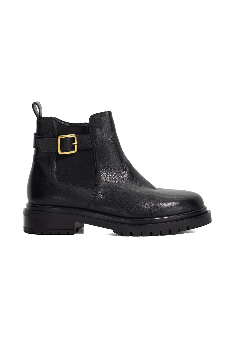 Black leather ankle boot with elastic side panels, a gold buckle accent, and a chunky rubber sole. Smooth texture and rounded toe design.