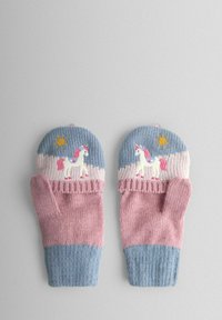 Kootud kindad sinise ja roosa värvikombinatsiooniga, kaunistatud ülemisel osal ühe sarvilise üksaraku ja päikese tikkimisega.