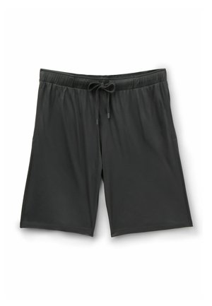 Zwarte knielange shorts met elastische tailleband en vooraan trekkoord, gemaakt van lichtgewicht stof, plat gelegd op een witte achtergrond.