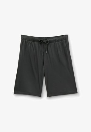 Czarne szorty sięgające do kolan z elastycznym pasem i przednim sznurkiem, wykonane z lekkiego materiału, ułożone na płasko na białym tle.