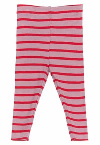 Różowe legginsy z poziomymi czerwonymi paskami, wykonane z elastycznego prążkowanego materiału, cechujące się dopasowanym krojem i elastycznym pasem.