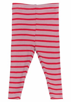 Pink leggings with horizontal red stripes, made of stretchy ribbed fabric, featuring a fitted design and elastic waistband.