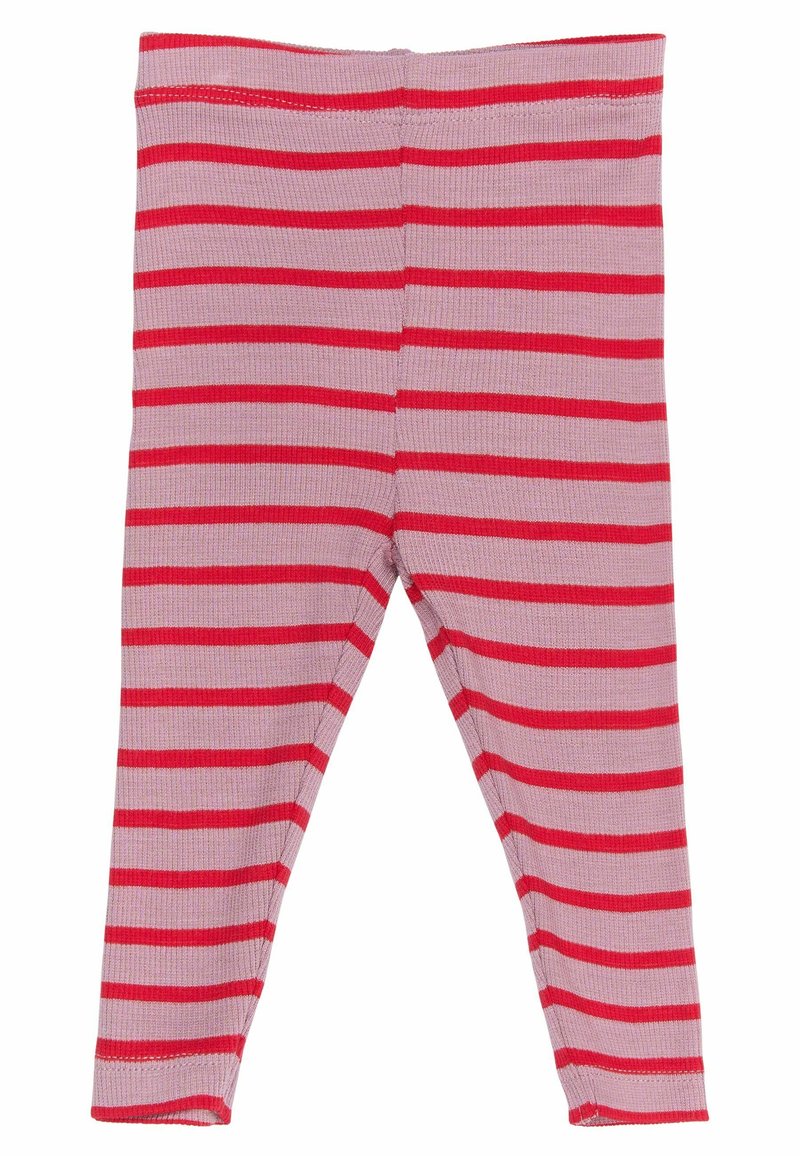 Różowe legginsy z poziomymi czerwonymi paskami, wykonane z elastycznego prążkowanego materiału, cechujące się dopasowanym krojem i elastycznym pasem.