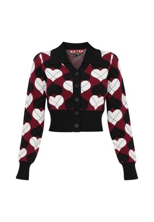 Kötött kardigán fekete gallérral és gombos záródással, bordó, fekete és fehér szívmintával, bordázott mandzsettákkal és szegéllyel.