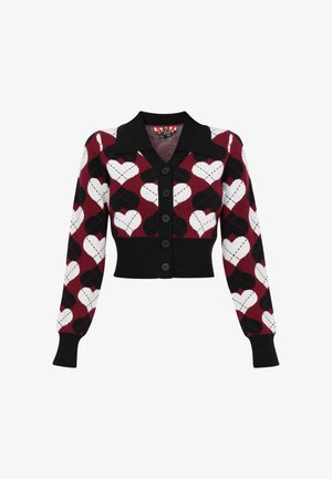 Kötött kardigán fekete gallérral és gombos záródással, bordó, fekete és fehér szívmintával, bordázott mandzsettákkal és szegéllyel.