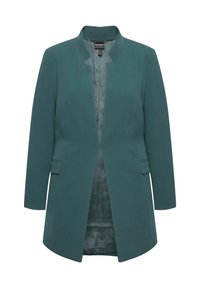Tyrkysový blazer s čistým, bez límce, dlouhými rukávy, dvěma předními kapsami a jemnou vzorovanou podšívkou. Rovný, upravený střih.