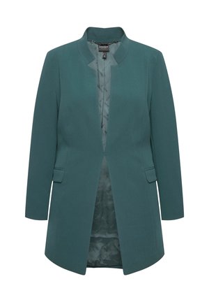 Tyrkysový blazer s čistým, bez límce, dlouhými rukávy, dvěma předními kapsami a jemnou vzorovanou podšívkou. Rovný, upravený střih.