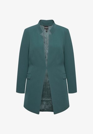Blazer teal con un collo pulito senza colletto, maniche lunghe, due tasche frontali e una fodera a motivo sottile. Taglio dritto e sartoriale.