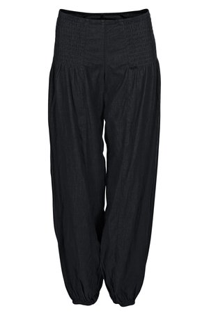 Zwarte, lichte stofbroeken met een smocktail en taps toelopende pijpen, met een zachte textuur en een losse pasvorm. Geschikt voor casual wear.