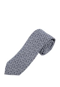 Cravate à motifs bleus avec un tissu texturé, présentant un design floral dans des tons de bleu plus foncé, enroulée pour l'affichage.