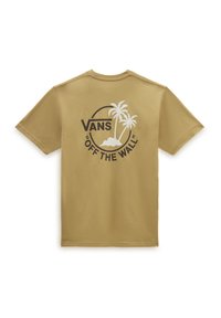 Beige katoenen t-shirt met korte mouwen. Heeft een zwart-wit palmboomafbeelding en de tekst "VANS OFF THE WALL" op de achterkant.