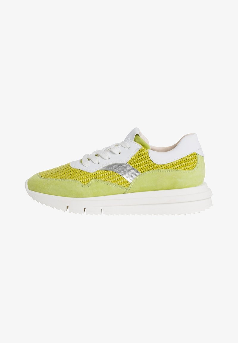 Lime green suede and textured mesh sneaker with silver accents, white eyelets, and a thick white rubber sole, featuring round laces.