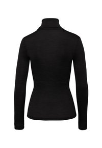 Maglione a maniche lunghe nero a collo alto, design aderente, texture liscia, senza motivi visibili o elementi metallici, vista posteriore semplice.