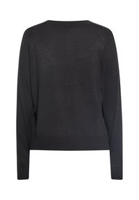 Pulover negru din tricot, cu guler rotund, mâneci lungi și o croială lejeră. Textura este netedă, având margini ribbate la tiv și la manșete.