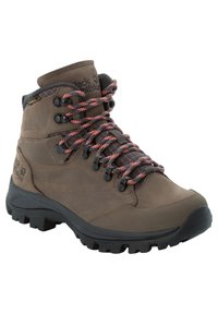 Brauner Wanderschuh mit strukturiertem Obermaterial, schwarzer Gummisohle und rot/schwarzen gemusterten Schnürsenkeln. Verfügt über verstärkte Ösen und Logodetail an der Seite.