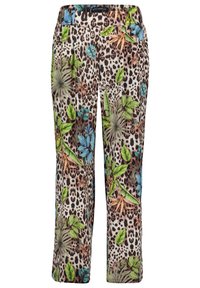 Getailleerde cropped broeken in een mix van dierenprint en bloemenpatronen. Kenmerken groene en blauwe loof op een crèmekleurige en bruine luipaardachtergrond.