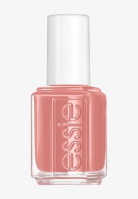 Vernis à ongles Essie dans une teinte corail rose semi-transparente, contenu dans un flacon en verre carré avec un capuchon blanc et un logo en relief.