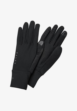 Zwarte handschoenen van zacht, glad materiaal met vingertoppen die compatibel zijn met touchscreen en een gestructureerd gripaccent op de handen.