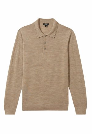 Beige langærmet polo skjorte lavet af blødt stof, med en klassisk krave, tre-knaps lukning og ribbede manchetter og kant.
