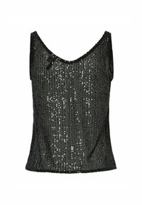 Top nero senza maniche con scollatura a girocollo, coperto da righe verticali di paillettes, con un luccichio testurizzato e un bordo smerlato.