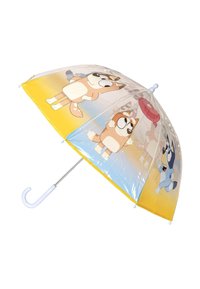 Ombrello trasparente con rifiniture gialle, caratterizzato da personaggi di cani dei cartoni animati. Struttura in metallo con manico a forma di gancio bianco. Gradiente di colore che va dal blu al giallo.