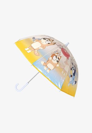 Transparante paraplu met gele rand, versierd met cartoonhonden. Metalen frame met een witte haakhandgreep. Kleurverloop van blauw naar geel.