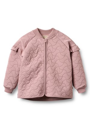 Roze doorgestikt kinderjack met golvende stikpatronen, geribde kraag en manchetten, ritssluiting aan de voorkant en ruches aan de mouwen.
