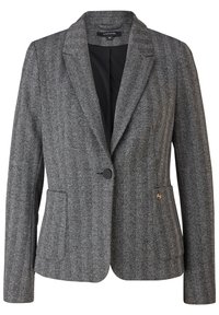 Blazer gris à motif chevrons avec une fermeture à un bouton, des revers crantés et deux poches avant, fabriqué en tissu tissé.
