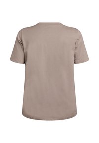 Kurzärmliges T-Shirt aus leichtem braunem Baumwollstoff, mit Rundhalsausschnitt und glatter Textur. Keine sichtbaren Muster oder Akzente.
