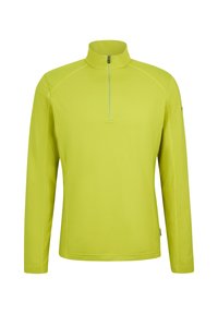 Lindgrüner Langarmpullover mit halbem Reißverschlusskragen; aus glattem, dehnbarem Material; mit flachen Nähten für Komfort.