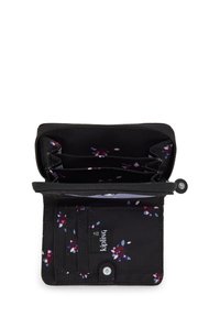 Black fabric wallet with floral interior pattern, featuring multiple card slots, zippered compartments, and a snap closure.