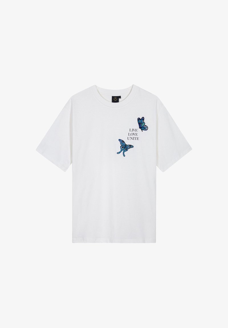 White cotton t-shirt featuring blue embroidered butterflies and the words "LIVE LOVE UNITE." Short sleeves, crew neck, relaxed fit.