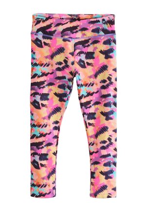 Färgglada leggings med ett livfullt abstrakt mönster i rosa, lila, orange och svart, tillverkade av ett mjukt, stretchigt tyg med elastisk midja.