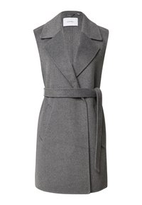 Grau meliertes Wollmix-Weste mit breiten Revers, einem Bindegürtel in der Taille und zwei vorderen Taschen. Glatte Textur und maßgeschneiderter Schnitt.