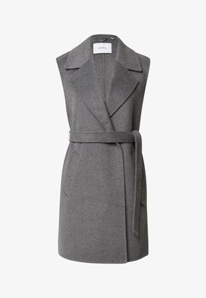 Grau meliertes Wollmix-Weste mit breiten Revers, einem Bindegürtel in der Taille und zwei vorderen Taschen. Glatte Textur und maßgeschneiderter Schnitt.